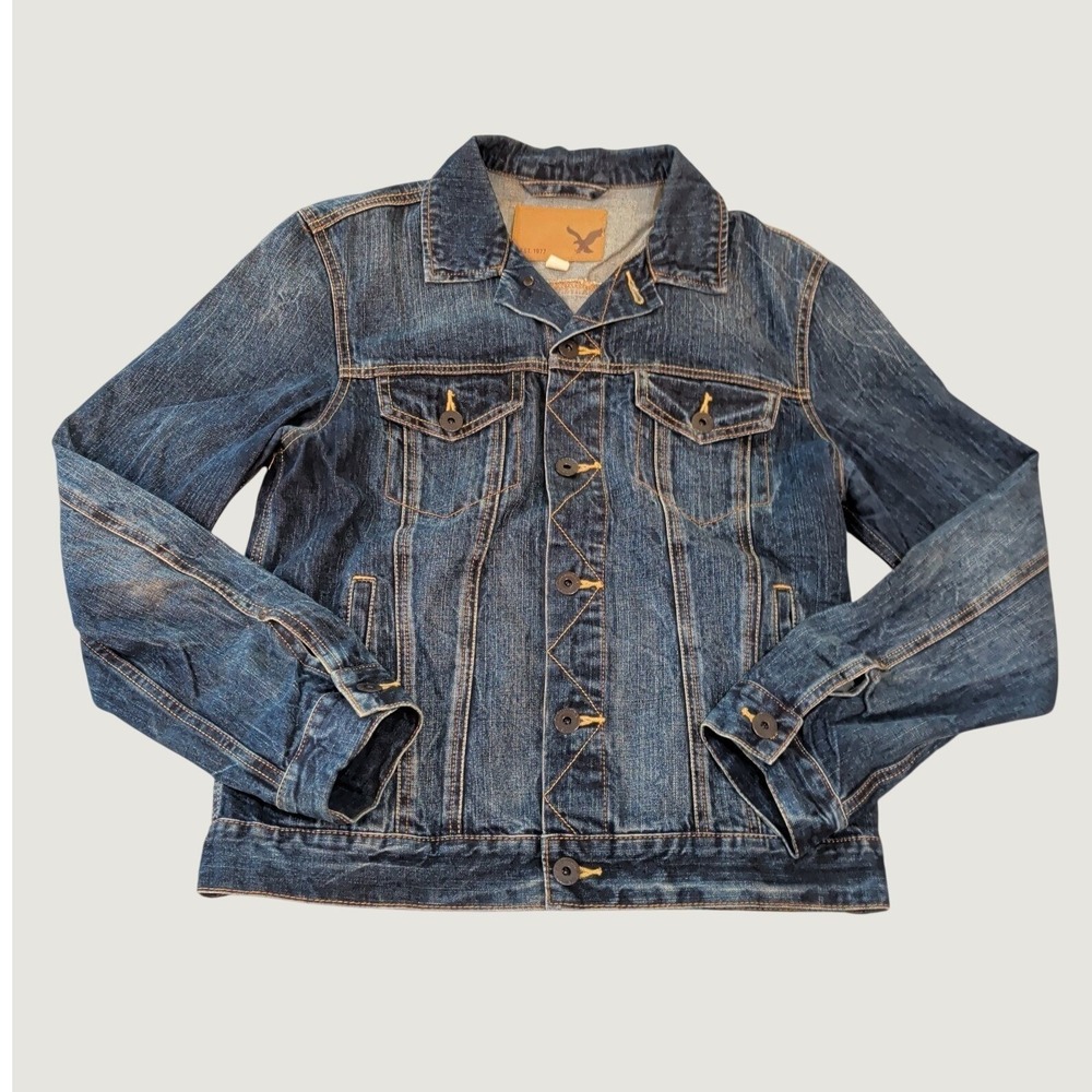American Eagle Mens Medium Denim Trucker Jacket Dark Wash Button Front Pockets